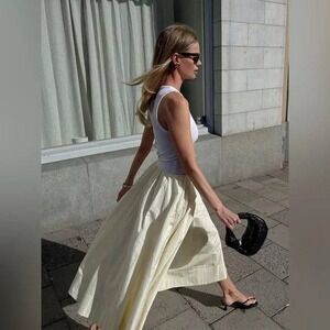 Commense Ivory Maxi Skirt Elastic Waist High Rise‎ Flowy Long Skirt Size XS